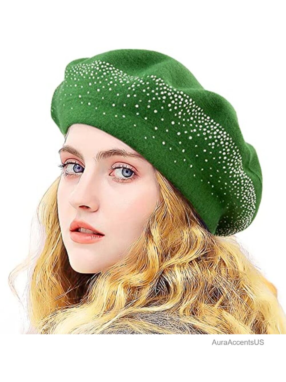 Women Wool Beret Hat Double Layer Rhinestone Warm Winter
